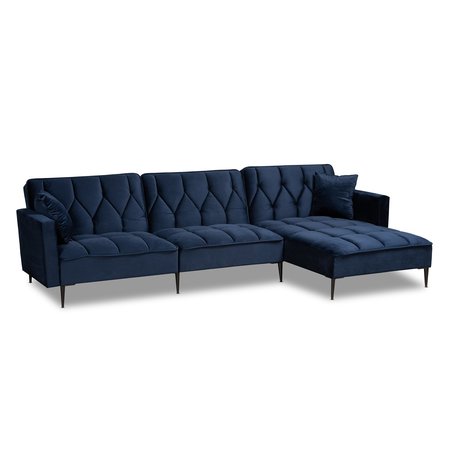 BAXTON STUDIO Galena Contemporary Navy Blue Velvet and Black Metal Sectional Sofa with Right Facing Chaise 182-11669-Zoro